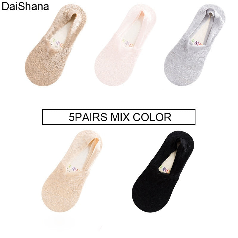 Chaussettes courtes en dentelle pour femmes et filles, 5 paires/lot, nouvelle mode, chaussettes de printemps et d'été, respirantes, antidérapantes, invisibles