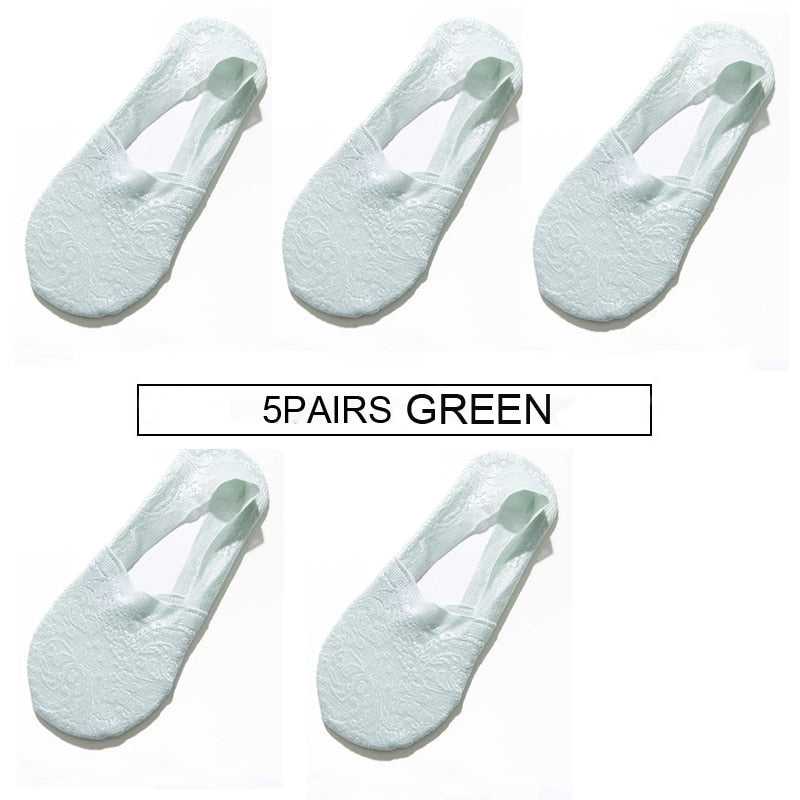 Chaussettes courtes en dentelle pour femmes et filles, 5 paires/lot, nouvelle mode, chaussettes de printemps et d&#39;été, respirantes, antidérapantes, invisibles
